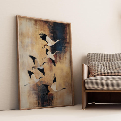 Japanese crane wall art with Wabi Sabi aesthetic