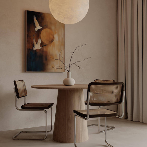 Neutral living room wall art featuring peaceful crane symbolism