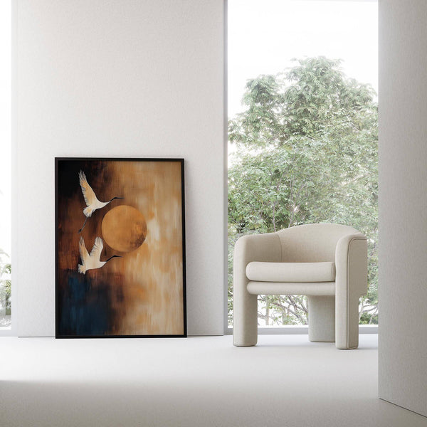 Wabi Sabi-inspired neutral living room wall art with a golden moon