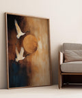 Japanese crane wall art with moon and Wabi Sabi style