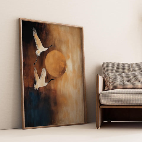 Japanese crane wall art with moon and Wabi Sabi style