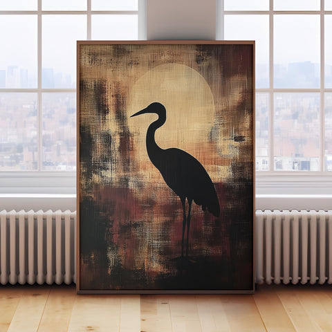 Traditional Japanese heron silhouette poster with Wabi Sabi minimalist design