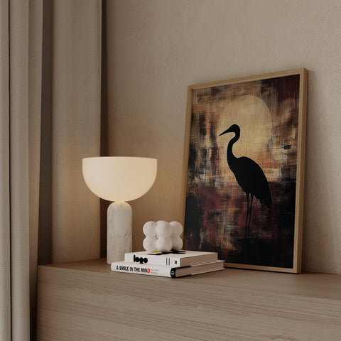 Tranquil Wabi Sabi heron art print in earthy tones