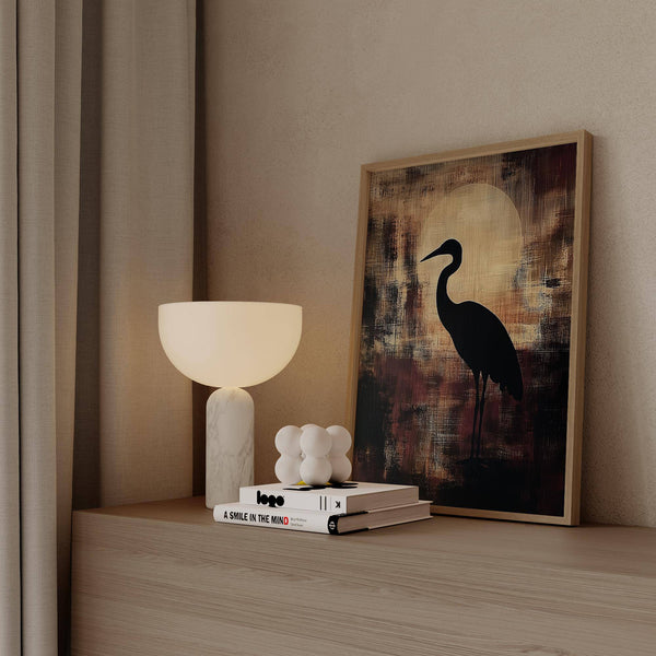Artistic large heron wall art capturing Japanese serenity