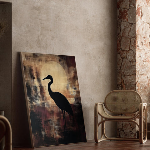 Japanese-inspired heron and moon artwork for modern decor