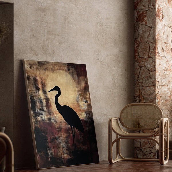 Wabi Sabi large heron wall art with nature-inspired aesthetics