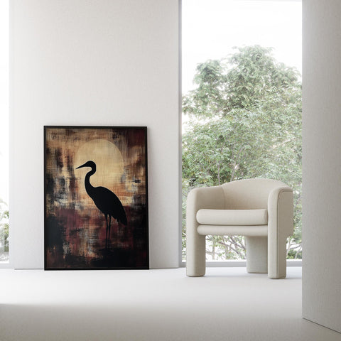 Serene heron and moon wall art for living room decor