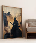 Japanese Wabi Sabi samurai wall art with mountain backdrop