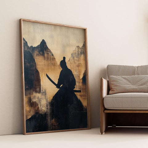 Japanese Wabi Sabi samurai wall art with mountain backdrop