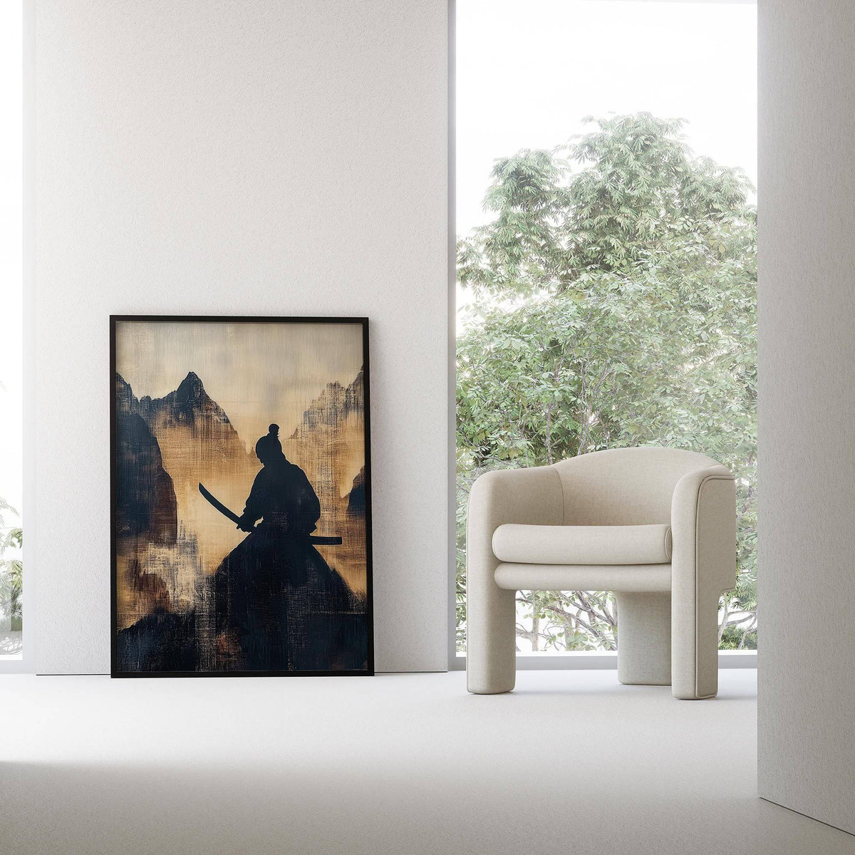 Zen-inspired Japanese warrior art with peaceful natural landscape