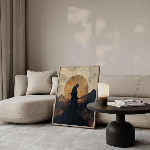 Serene samurai and mountain wall art for living room decor