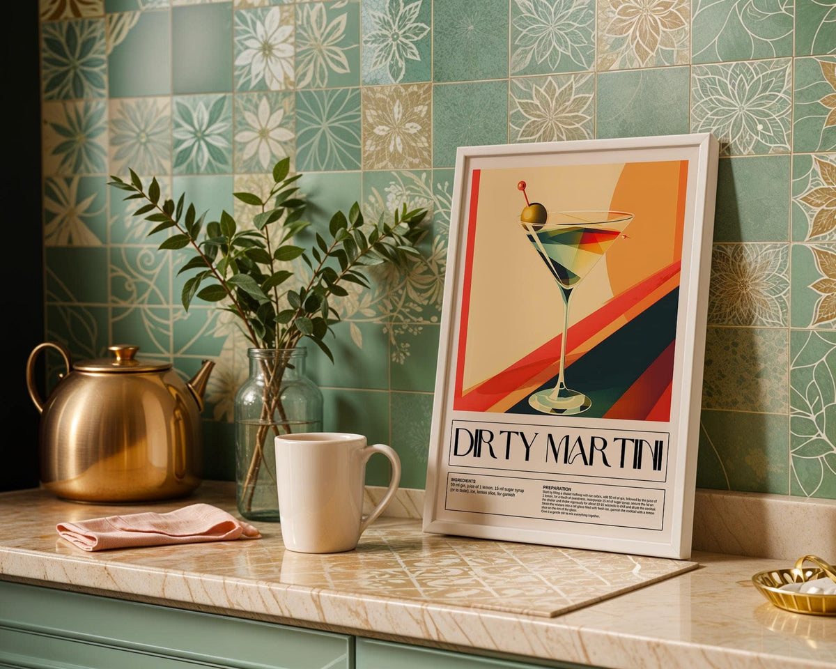 Cocktail prints for wall with drink recipe illustration