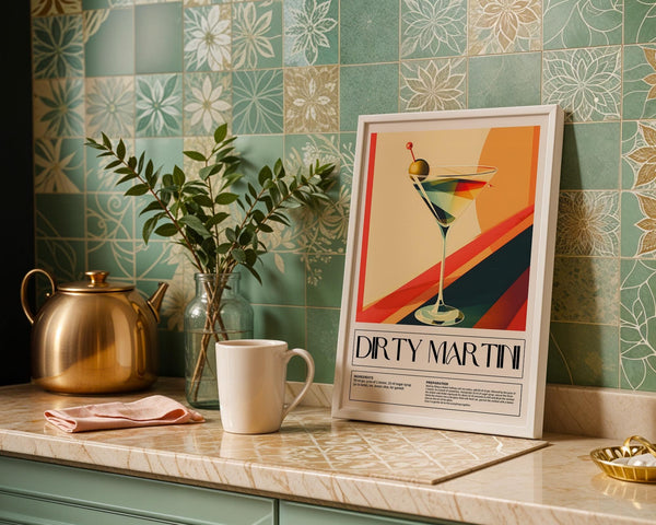 Cocktail prints for wall with drink recipe illustration
