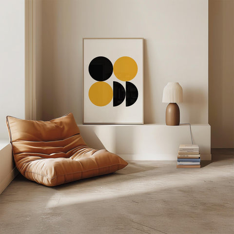 Minimalist circles wall art in black and yellow