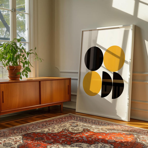 Modern office with Bauhaus-inspired geometric posters on wall