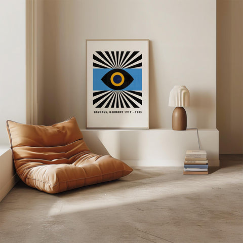 Bauhaus eye design poster in blue and yellow