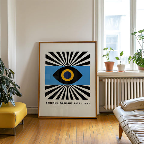 Blue and black geometric eye print for wall decor