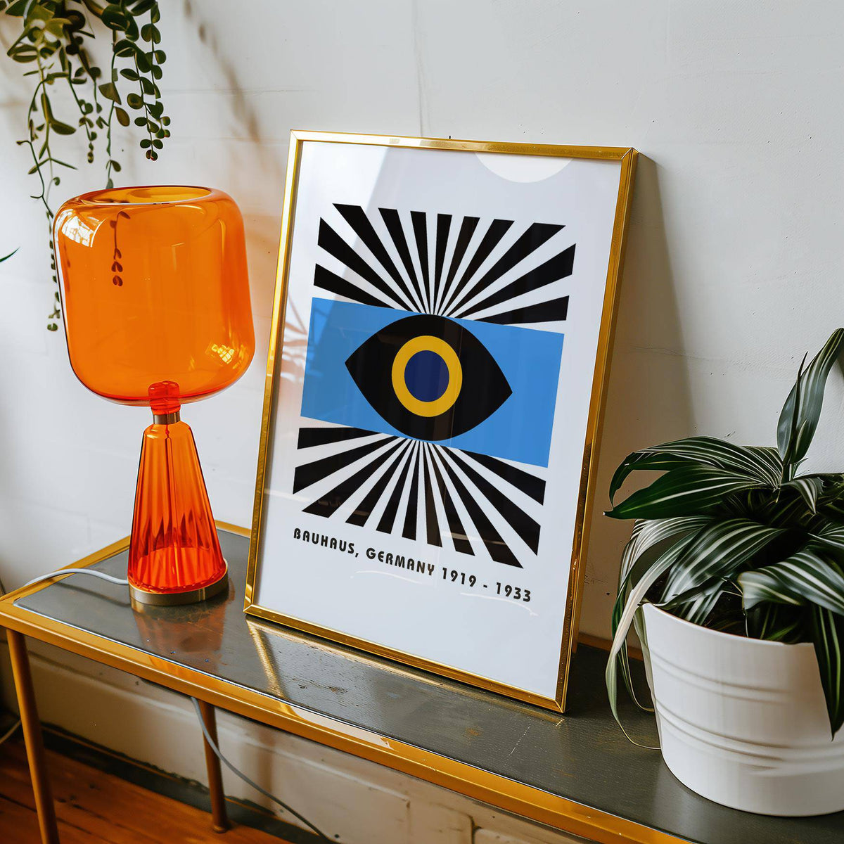 Artistic living space featuring modern art geometric print