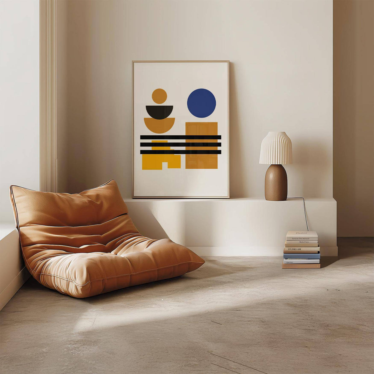 Clean-line blue and brown wall art with retro color palette