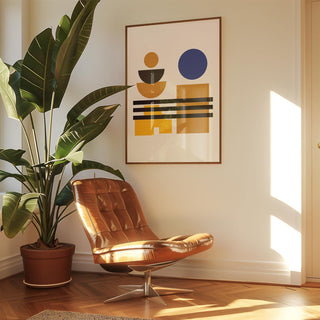 Geometric blue and brown wall art poster for stylish apartments