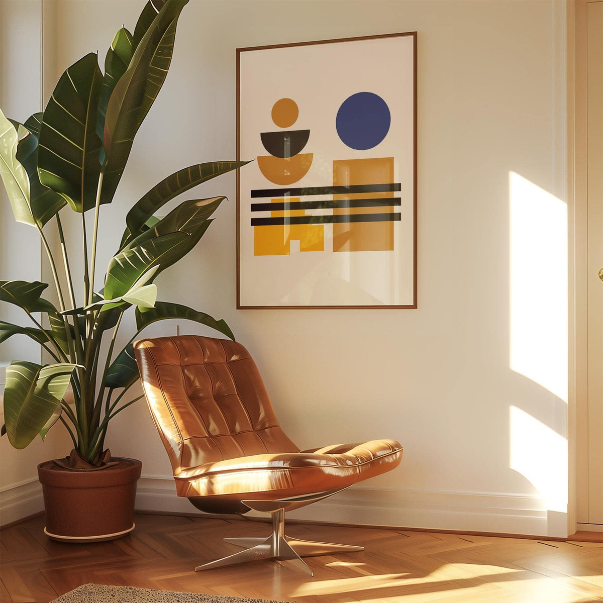 Geometric blue and brown wall art poster for stylish apartments
