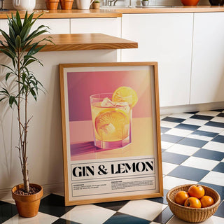 Stylish gin and lemon cocktail print as bar wall decor for kitchens