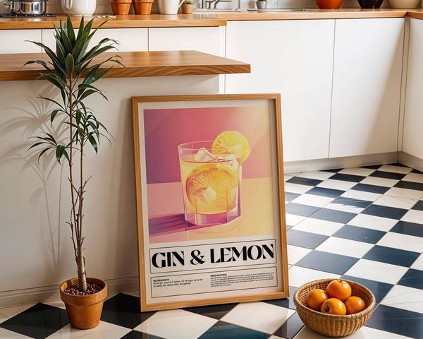Stylish gin and lemon cocktail print as bar wall decor for kitchens
