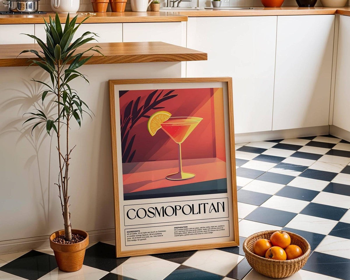 Drink poster art with elegant Cosmopolitan recipe layout