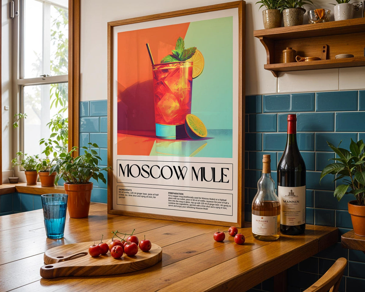 Fun and informative Moscow Mule print for trendy home bar decorations