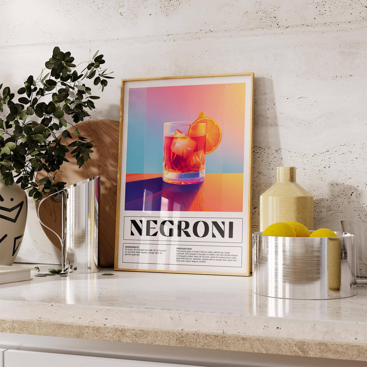Artistic Negroni cocktail recipe framed in vintage Italian poster art