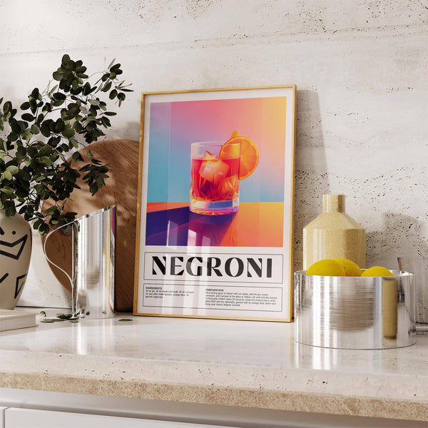Artistic Negroni cocktail recipe framed in vintage Italian poster art