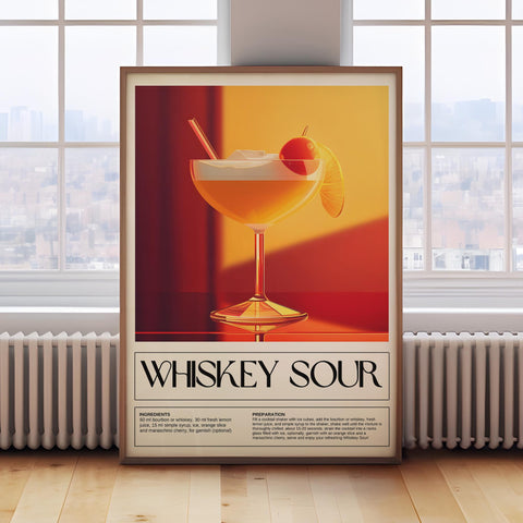 Bright Whiskey Sour cocktail poster for kitchen and bar cart decor