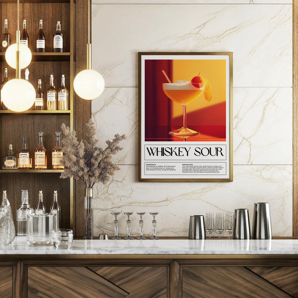 Home bar setup enhanced with Whiskey Sour wall art for bar area