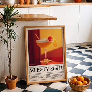 Easy-to-follow cocktail guide featured in wall art for bar area in orange and red