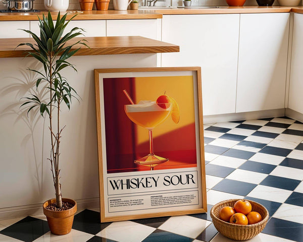 Easy-to-follow cocktail guide featured in wall art for bar area in orange and red