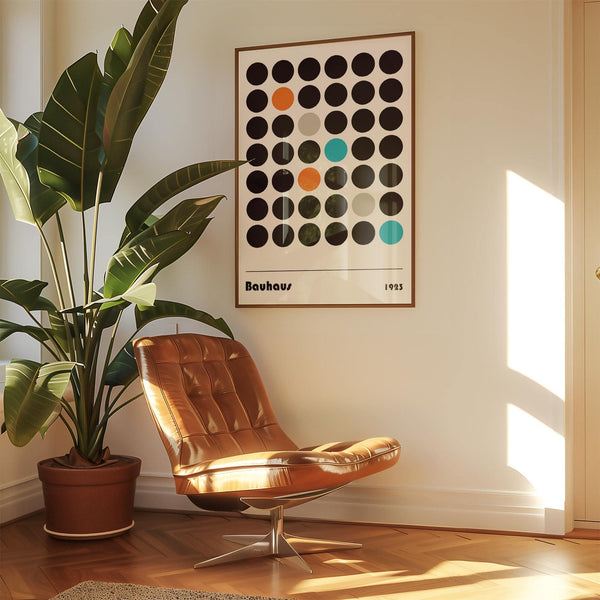 Abstract mid-century graphic prints with colorful geometric patterns for bedroom styling