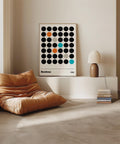 Bauhaus geometric dots print with black, orange, and teal circles