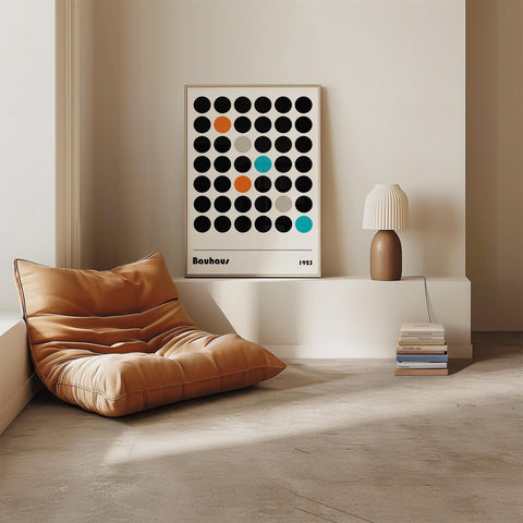 Bauhaus geometric dots print with black, orange, and teal circles