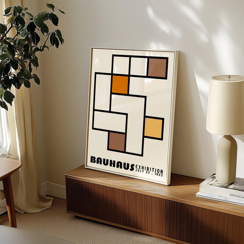 Brown and orange geometric Bauhaus exhibition poster.