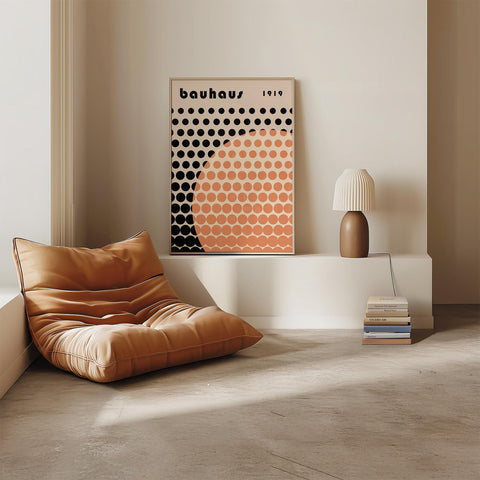 Bauhaus wall art with geometric orange dots.