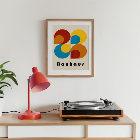 Minimalist red, yellow, and blue circles Bauhaus poster.