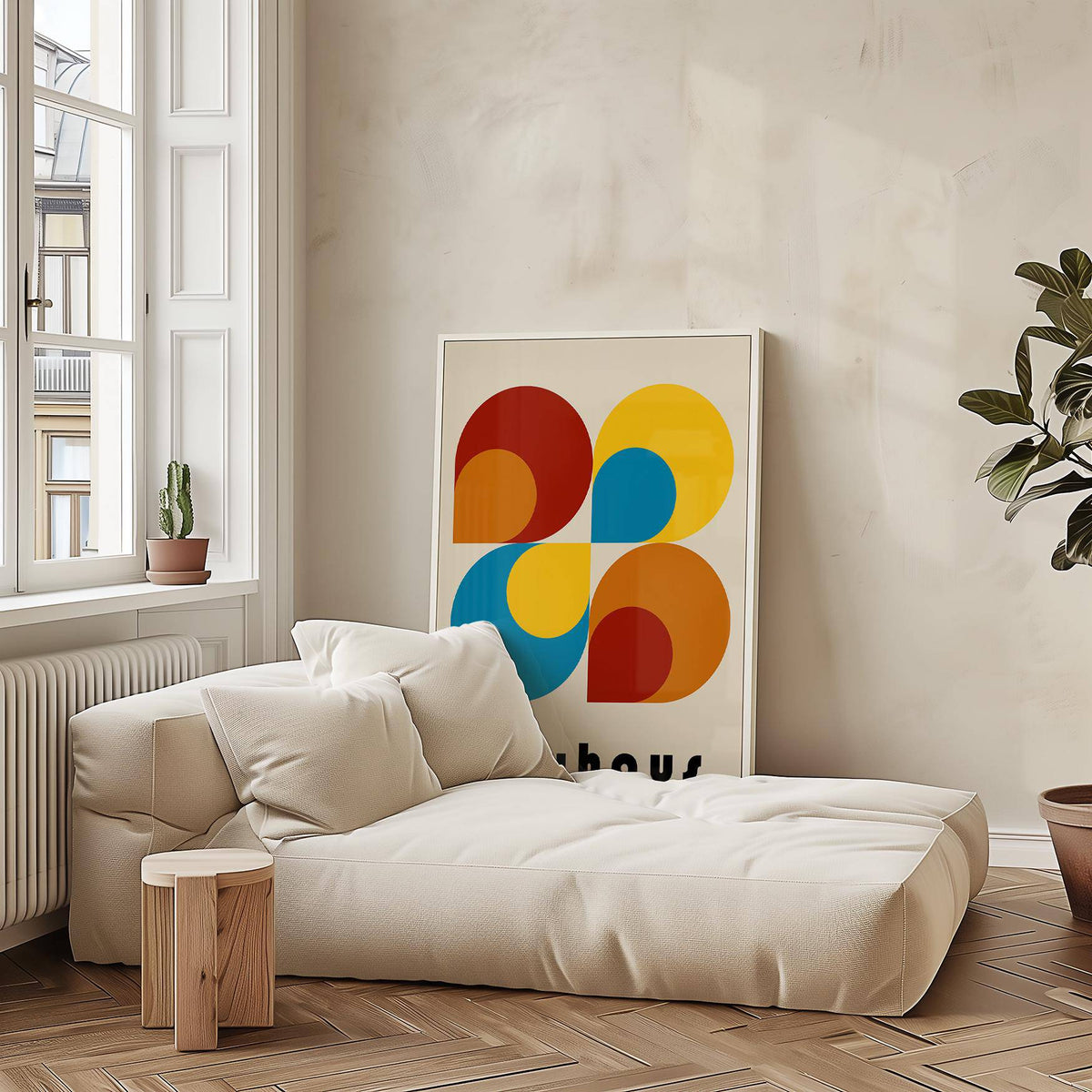 Modern Bauhaus-inspired geometric prints styled in a bedroom