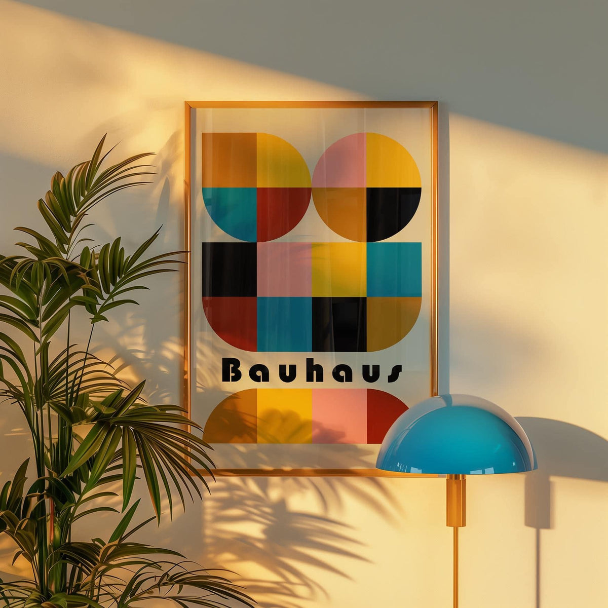 Clean lines and shapes in colorful geometric wall art above a workspace