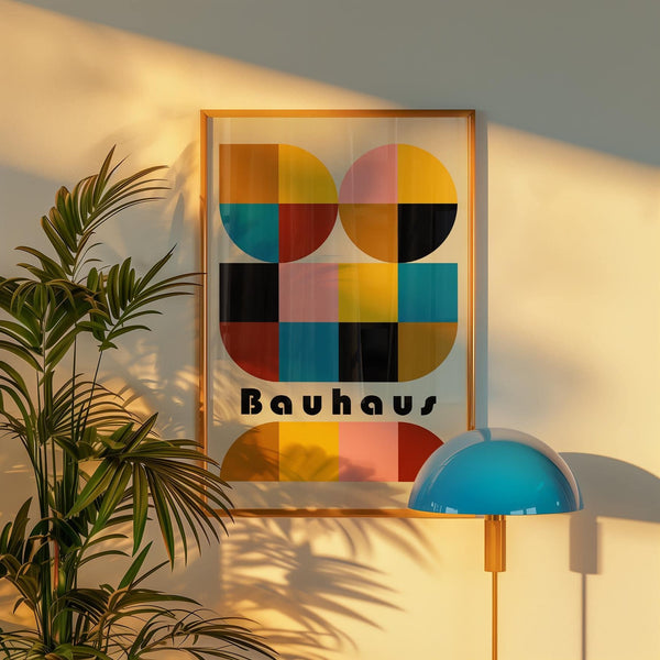 Clean lines and shapes in colorful geometric wall art above a workspace