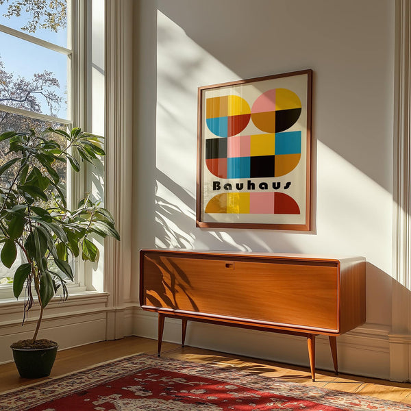 Mid-century inspired colorful geometric wall art framed in a creative space