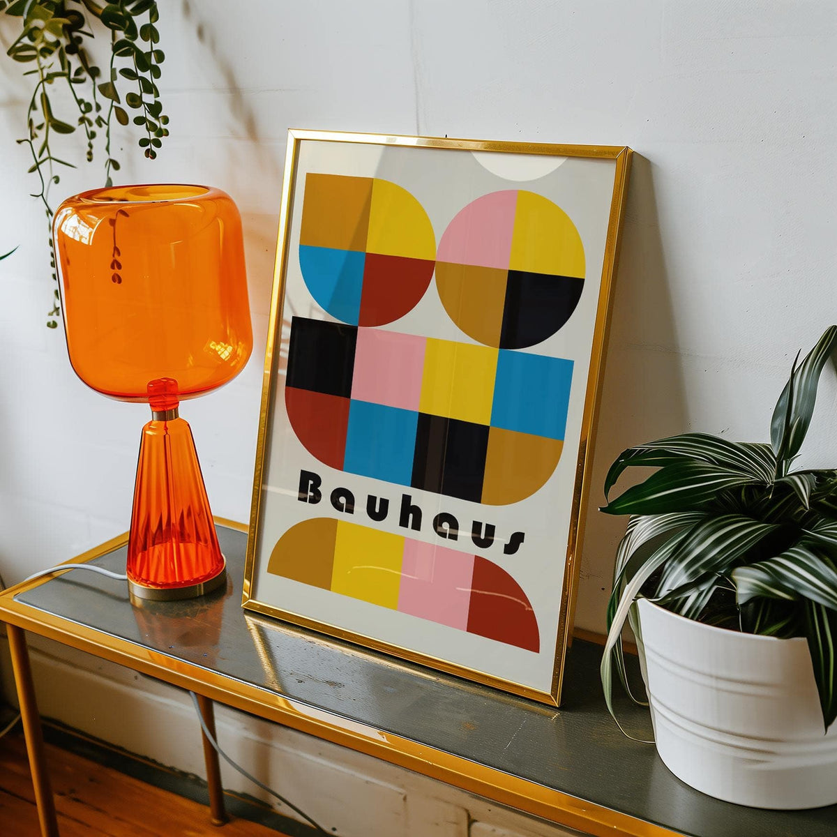 Angular shape colorful geometric wall art featured in a gallery wall