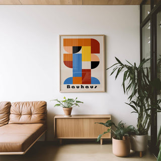 Color-blocked Bauhaus wall art ideal for Scandinavian-inspired living rooms