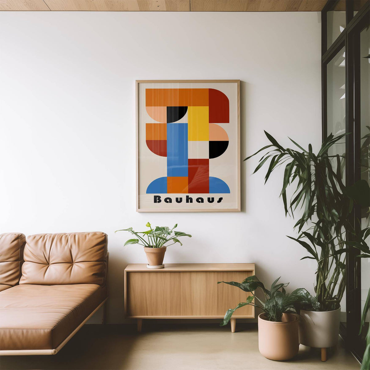 Color-blocked Bauhaus wall art ideal for Scandinavian-inspired living rooms