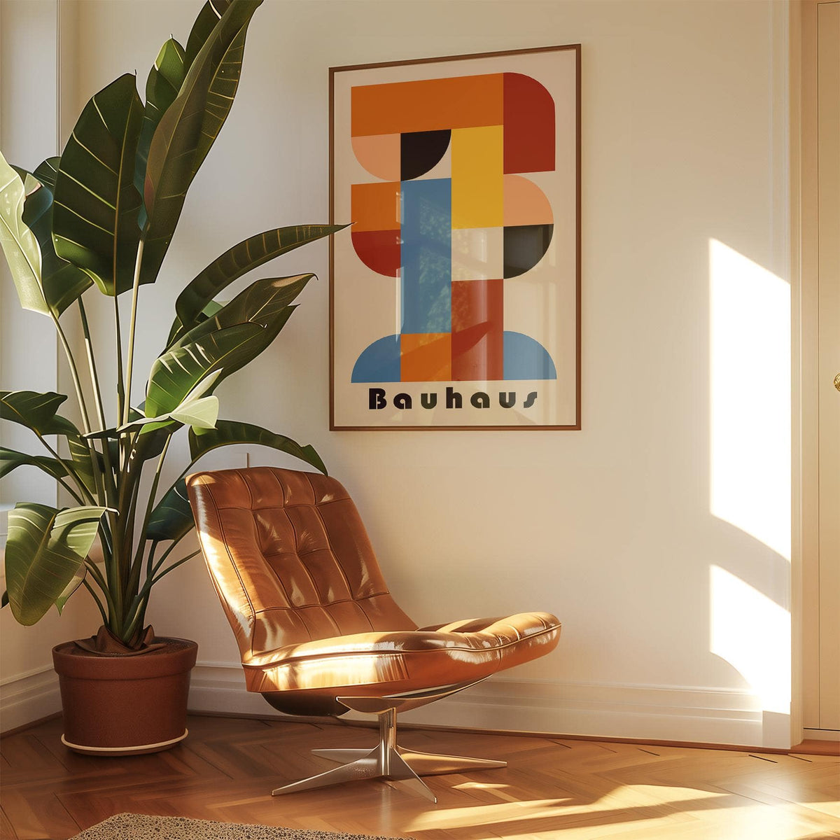 Wall art geometric shapes print styled for a retro-themed bedroom