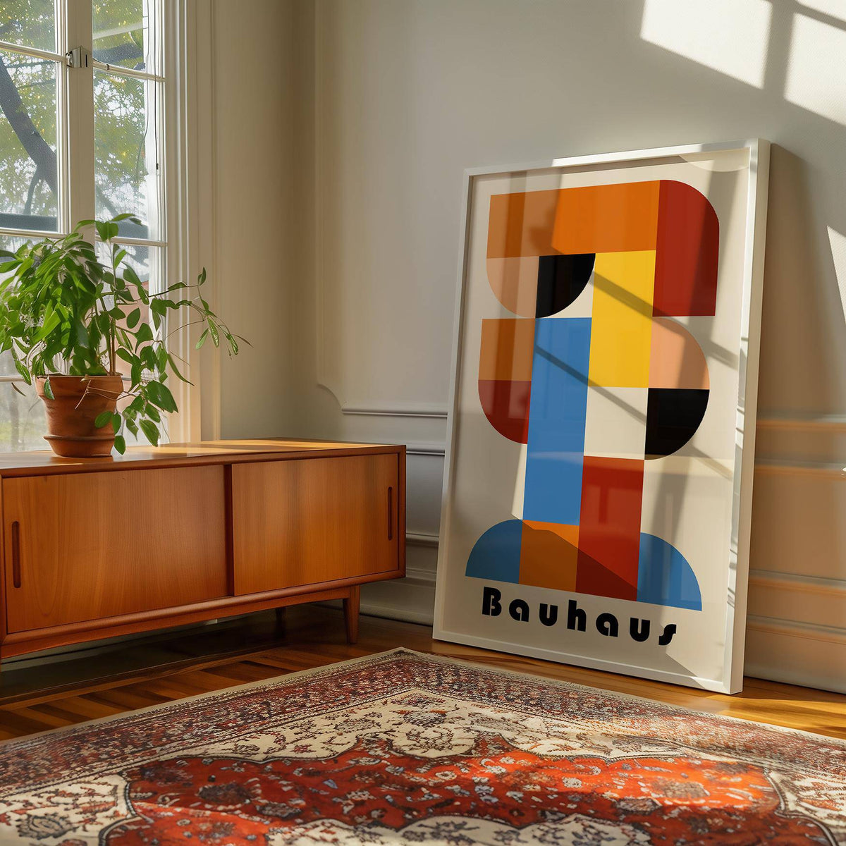 Vibrant poster with intersecting shapes and clean lines for home decor